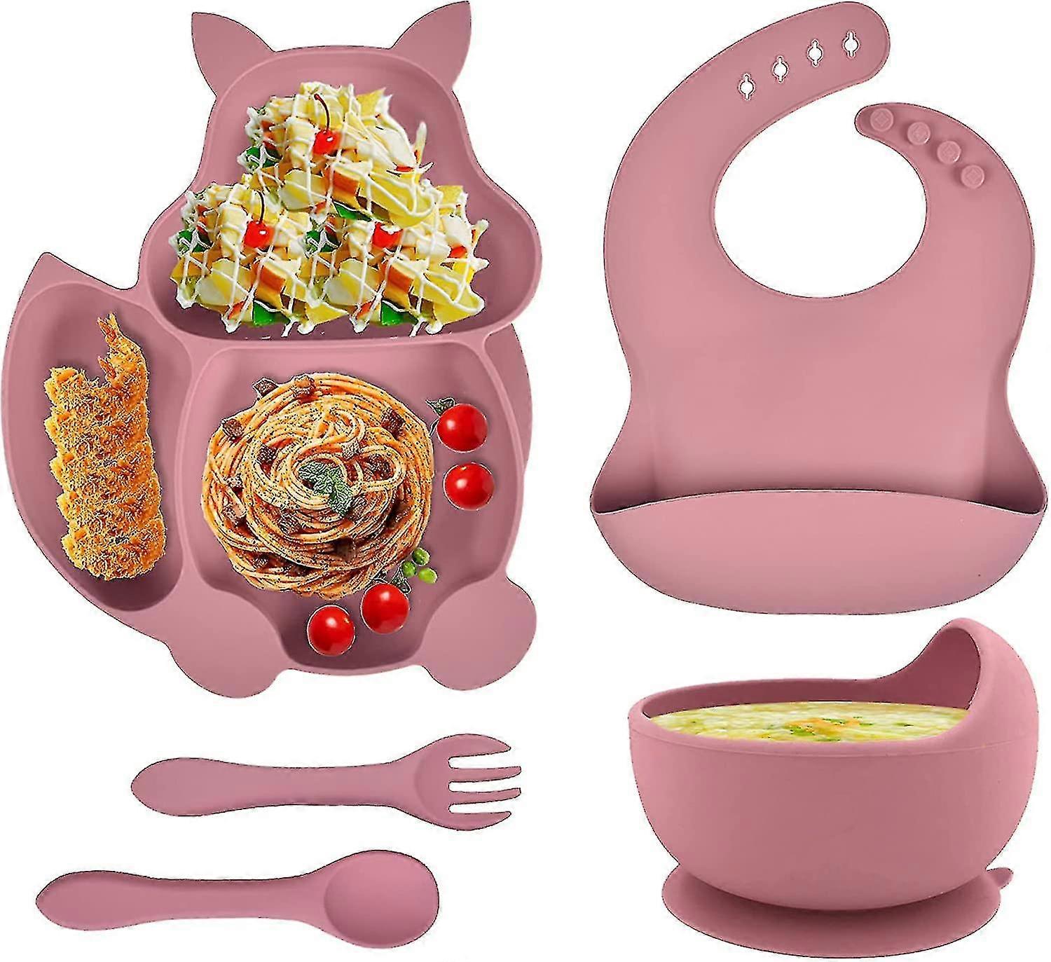 Weaning Set For Babies, 5 In 1 Toddler Feeding Set Silicone Suction Plates Bowl With Fork Spoon Bib Cutlery Set, Baby Girl Tableware Sets Soft Easy Wi