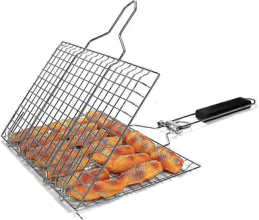 grilling basket with wooden handle, foldable portable bbq basket , with detachable handle and storage bag