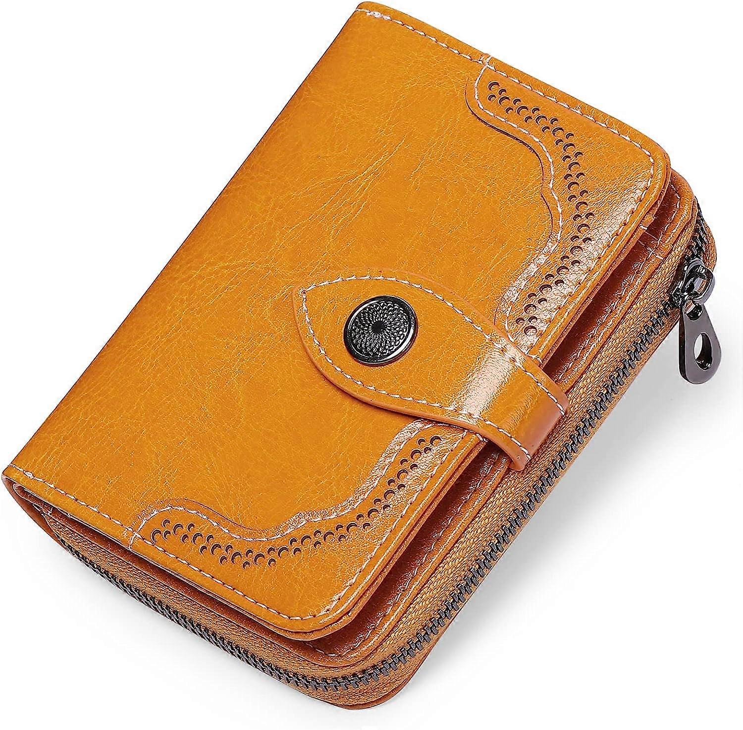 Antique yellow women's wallet, small leather bi-fold wallet with RFID protection and zip coin pocket