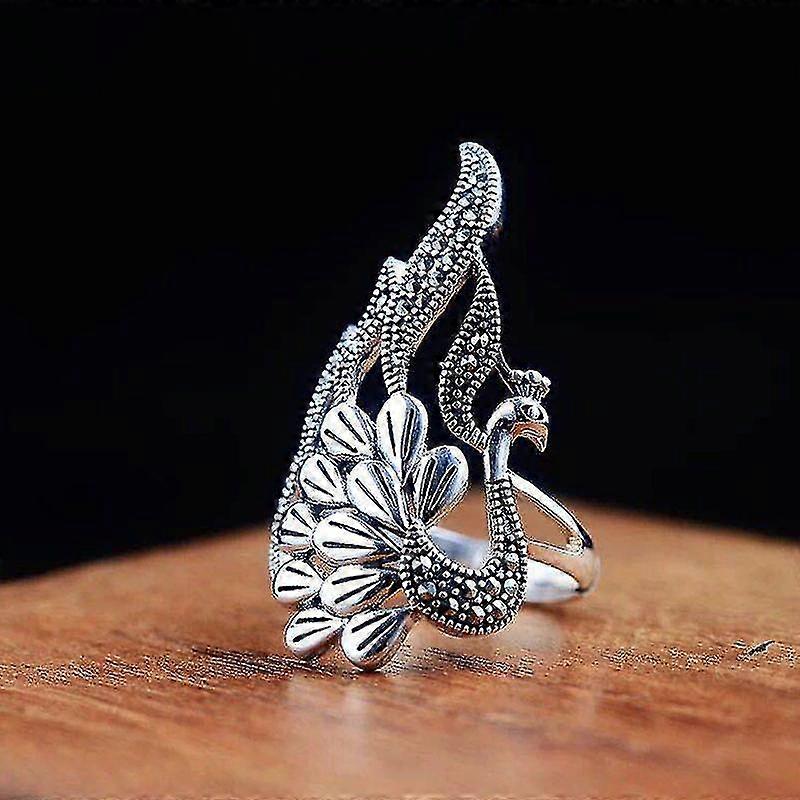 Versilberter Pfauenring - Damen Mode Pfau Ring