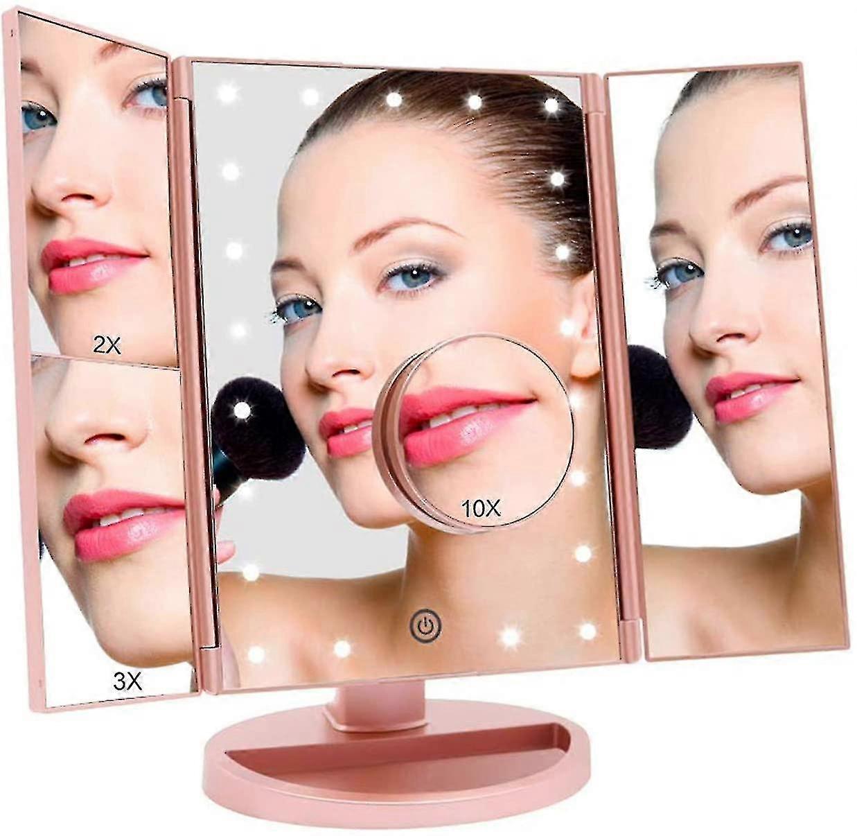 Triple Makeup Mirror, 1x / 2x / 3x / 10x Magnifying Led Illuminated Desktop Mirror Battery Usb