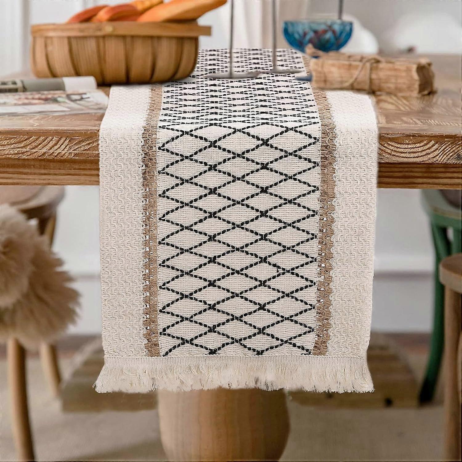 Boho Beige Table Runner with Tassels,  Table Decor(12 x 71 Inches, Argyle)