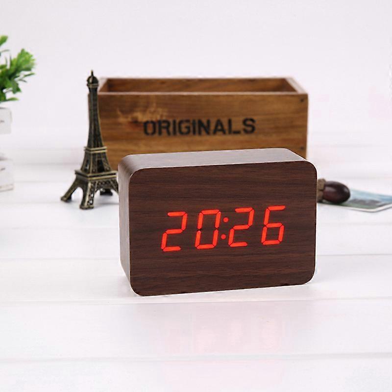 Battery\USB charging LED digital alarm clock, display temperature, 3 groups of alarms and 2 groups of alarm modes, 3 brightness adjustments (brown woo