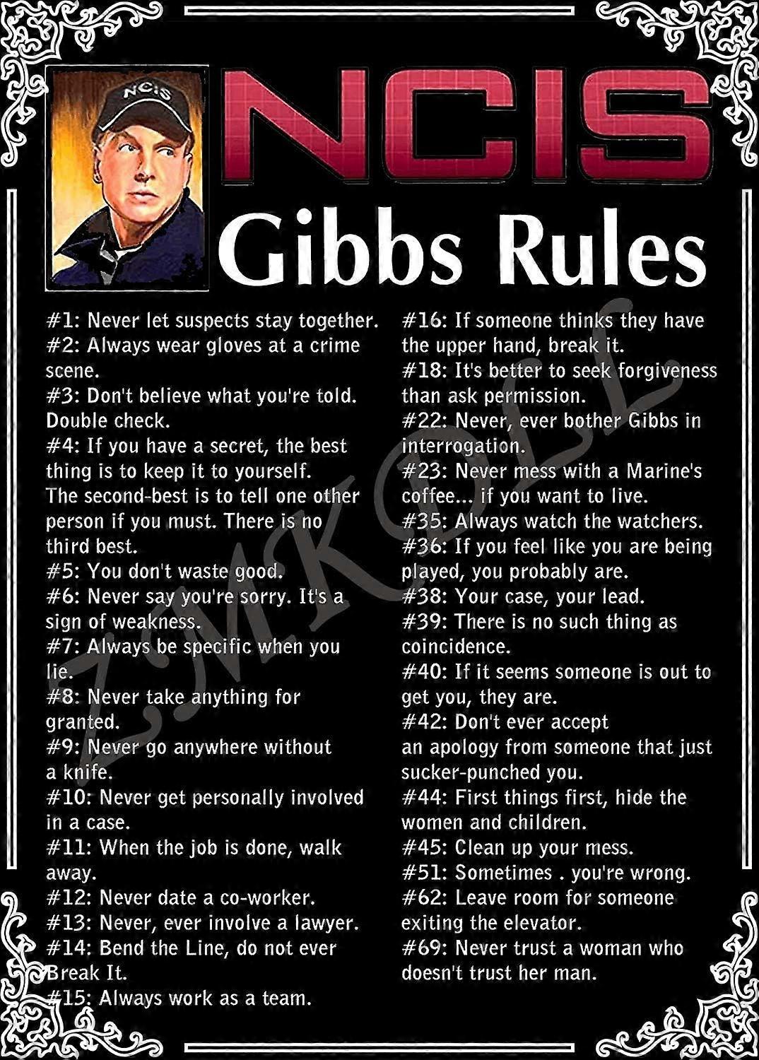 Placa de Metal Engraçada do Programa de TV NCIS Gibbs Rules 69 Rules 8x12 Polegadas Decoração de Parede para Casa