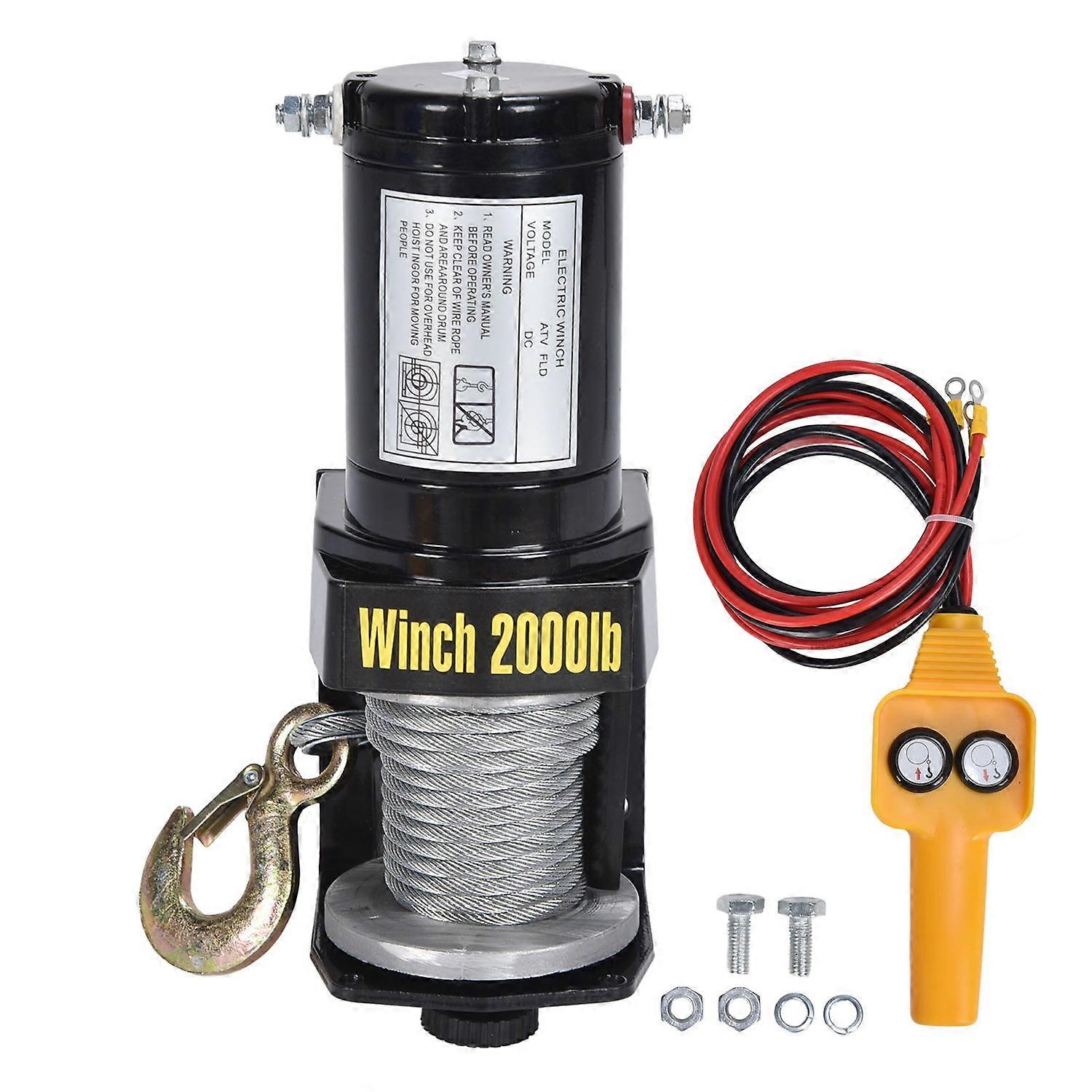 12V 2000LBS Electric Winch Steel Wire Rope Hoist Crane Winch Controller Kit with Alloy Hook