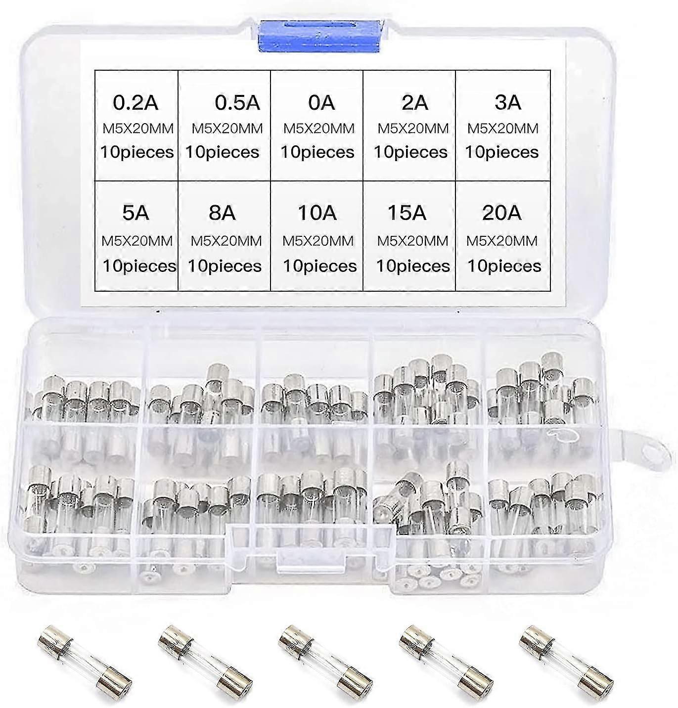 100 Pieces Fine Fuse Glass, Glass Tube Fuses 0.2a-20a Amp Assorted Kit With Storage Box 5 X 20mm Assortment Box, Reliable Overcurrent Protection, Easy