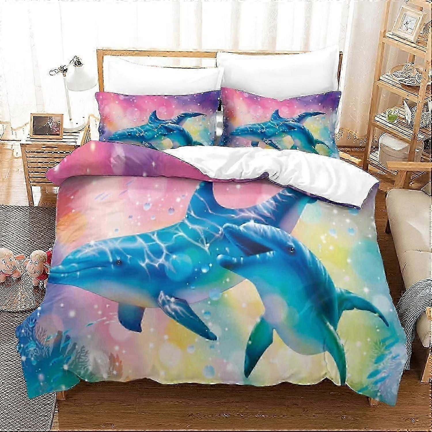 Bedding Set With Duvet Cover D Dolphin, Bedding Set With Pillowcases Soft Easy Care Microfiber For Boys Girls Adults Rooms With Zipper Closure