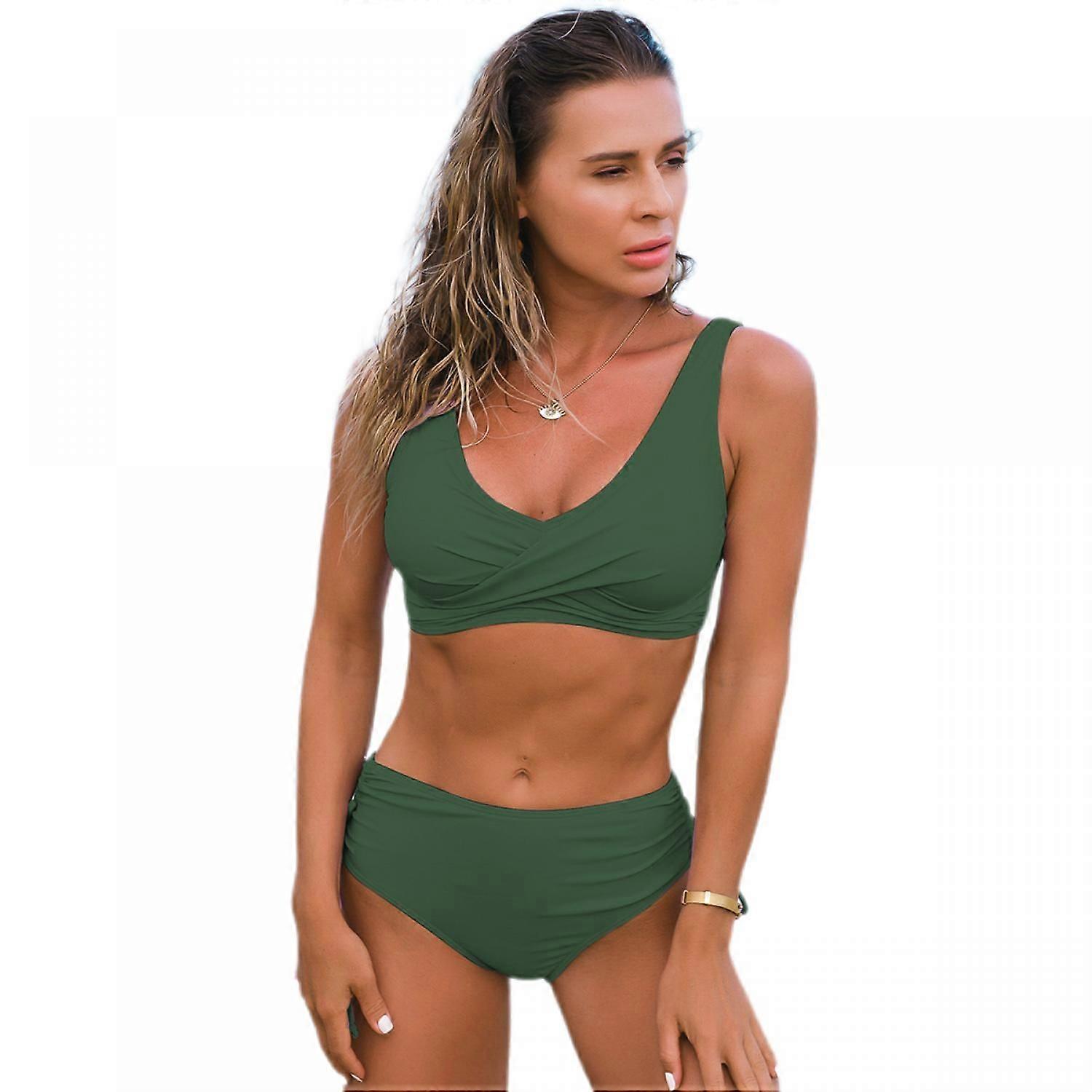 Women's High Waist Solid Bikini 2 Piece Swimsuit --- Army GreenSize S