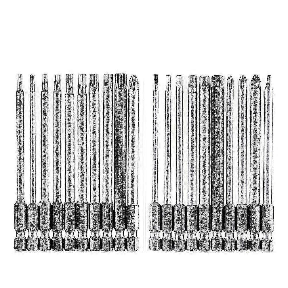 Bit Set Long, Magnetic Bit Set 20 Pcs 100mm, Torx Bit T8-T40, Hex Bit H2-H6, PH1 PH2, PZ2, Slotted Bit, 1/4inch Hexagon