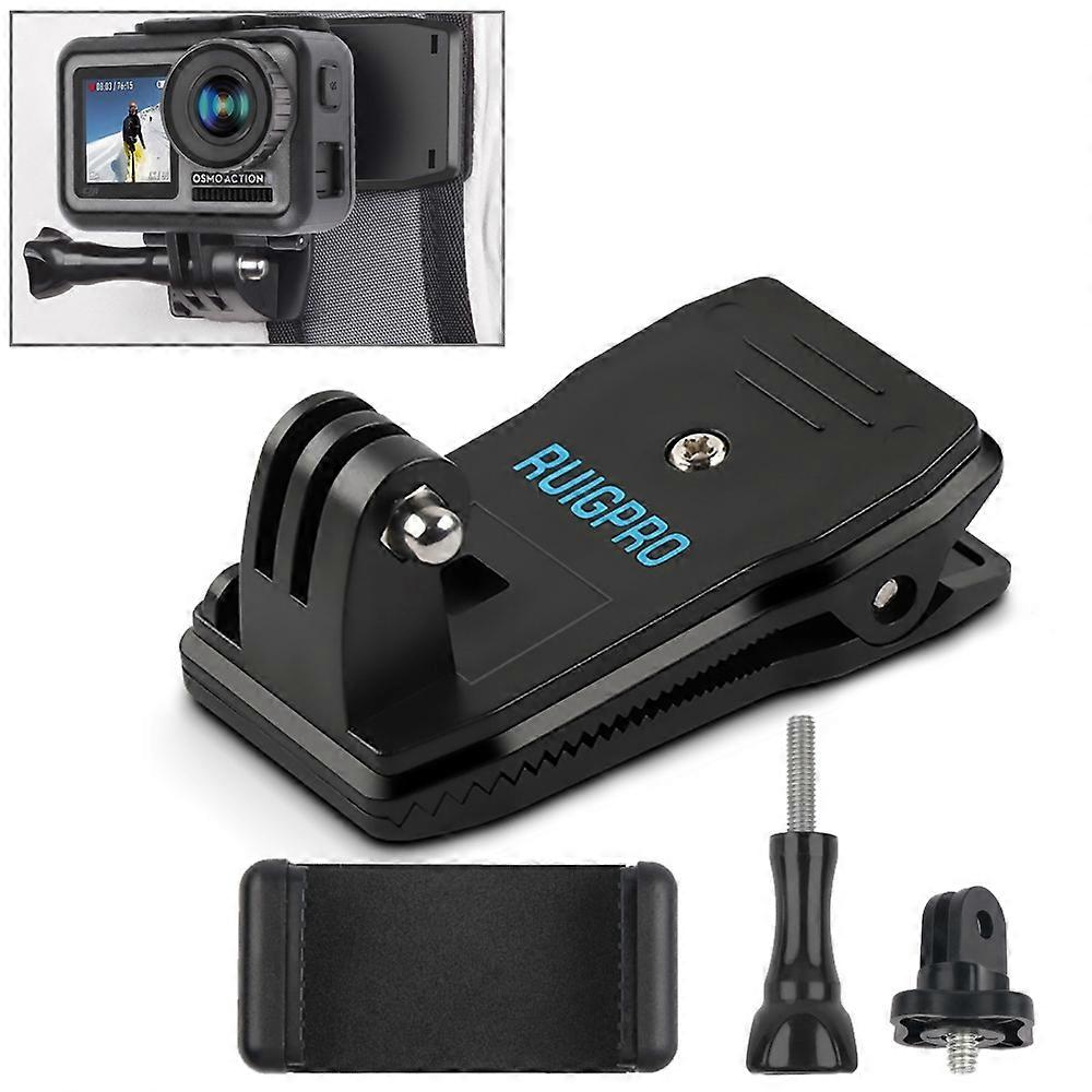 RUIGPRO 360 Degree Rotation Backpack Rec-Mounts Clip Clamp Mount + Phone Clamp for GoPro, Insta360, DJI and Other Action Cameras(Black)