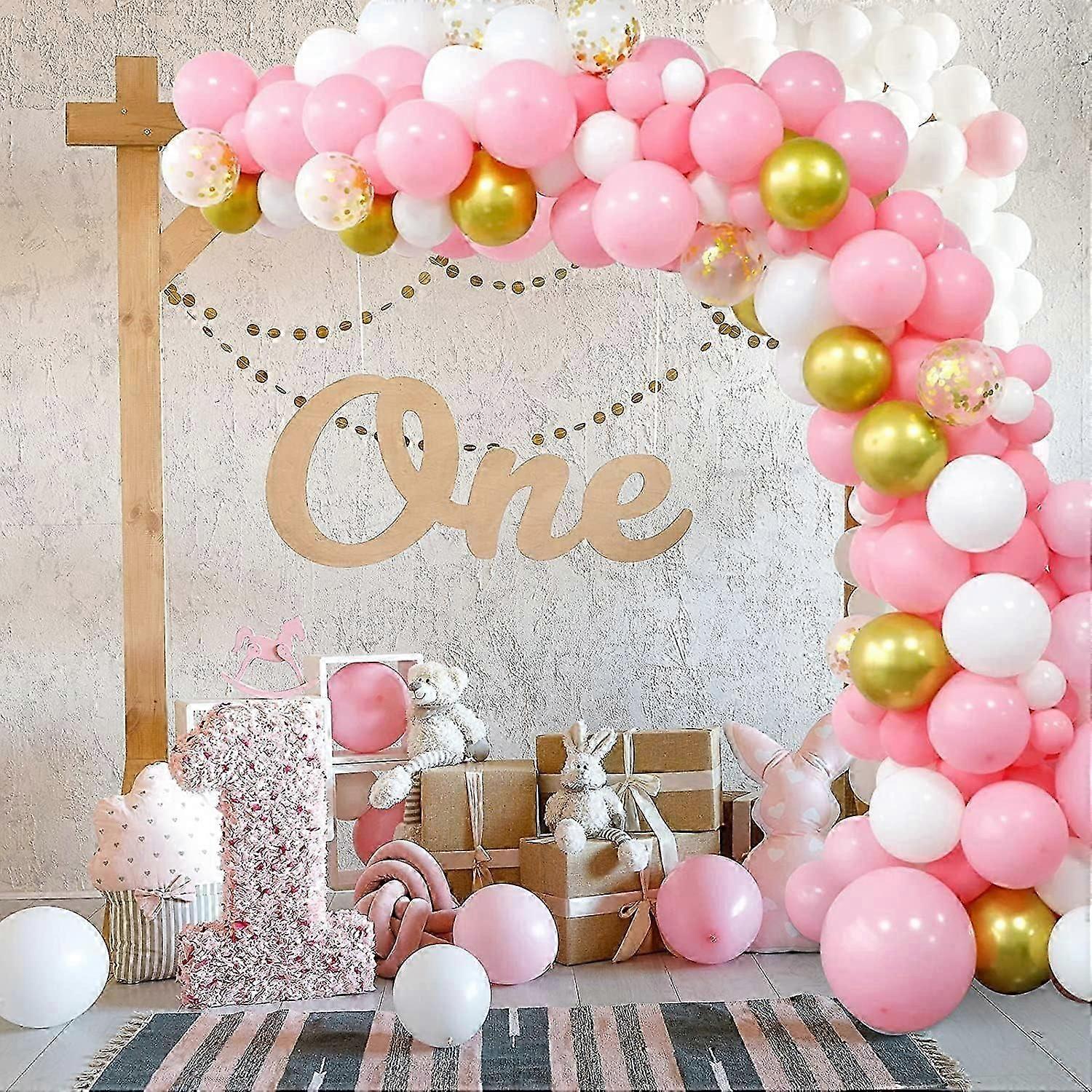 RUBFAC 192 قطعة طقم إكليل بالون وردي ، بالونات ذهبية بيضاء وردية فاتحة وذهبية لحفلة عيد ميلاد ، تخرجاستحمام طفل للفتيات و