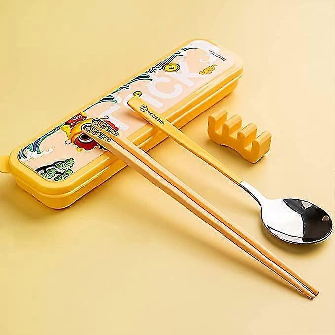 Portable Chopstick Cutlery Set, Spoon and Holder, Reusable Utensils for Picnic, Camping and Travel, Chinese Style, Cute Lion Pattern