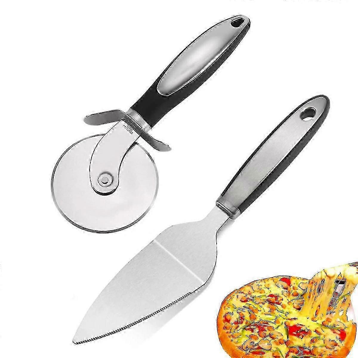 Pizzaschneider, Pizzarad Slicer Pizza Server Set mit rutschfestem Griff, Pizzaschaufel Slicer Cut Wheel für Pizza Pies Kuchen Waffeln Teig Kekse 2er Pack
