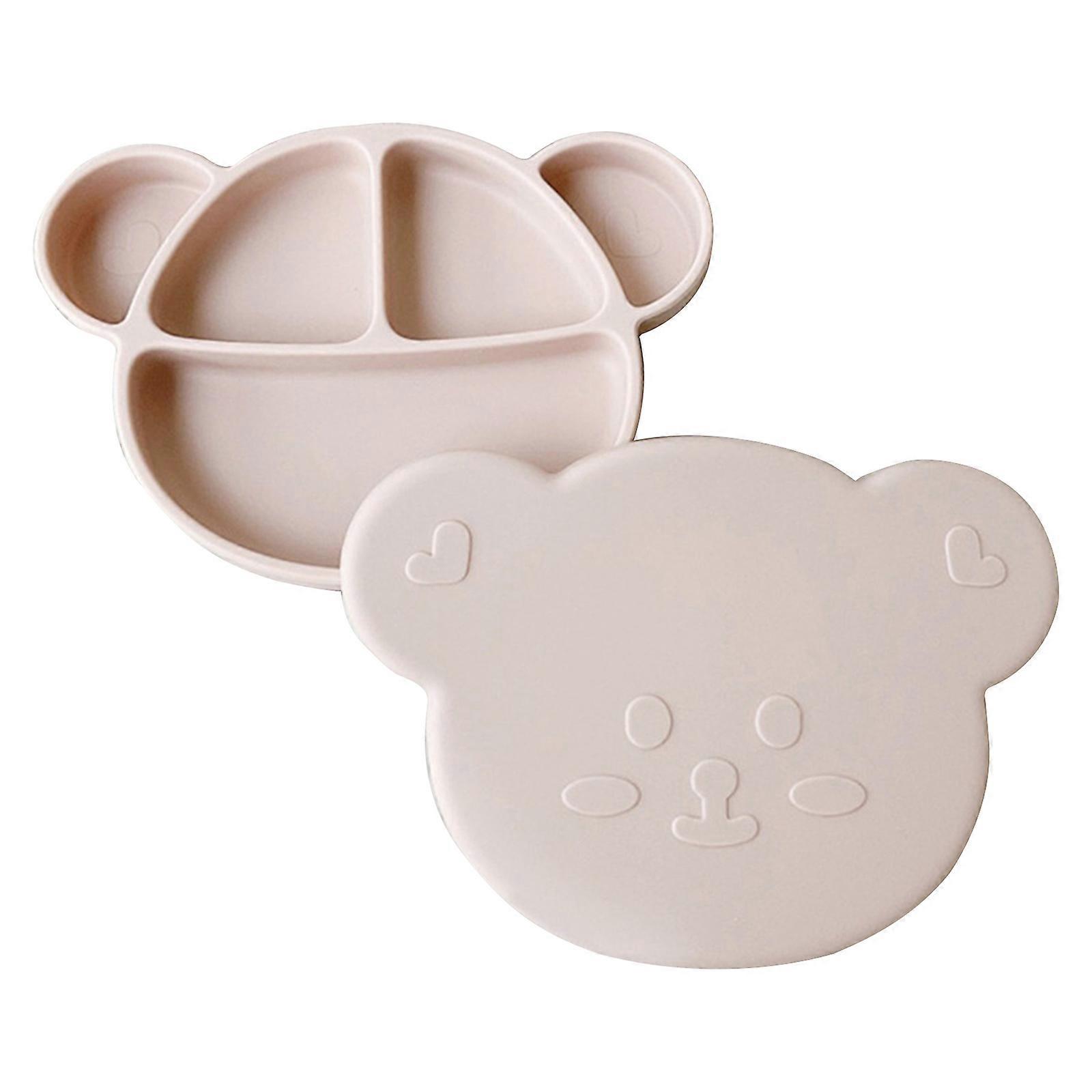 Plaque d’alimentation en silicone pour bébé de dessin animé Plateau de salle à manger en forme d’ours mignon avec couvercle pour l’auto-alimentation des tout-petits Tendre rose