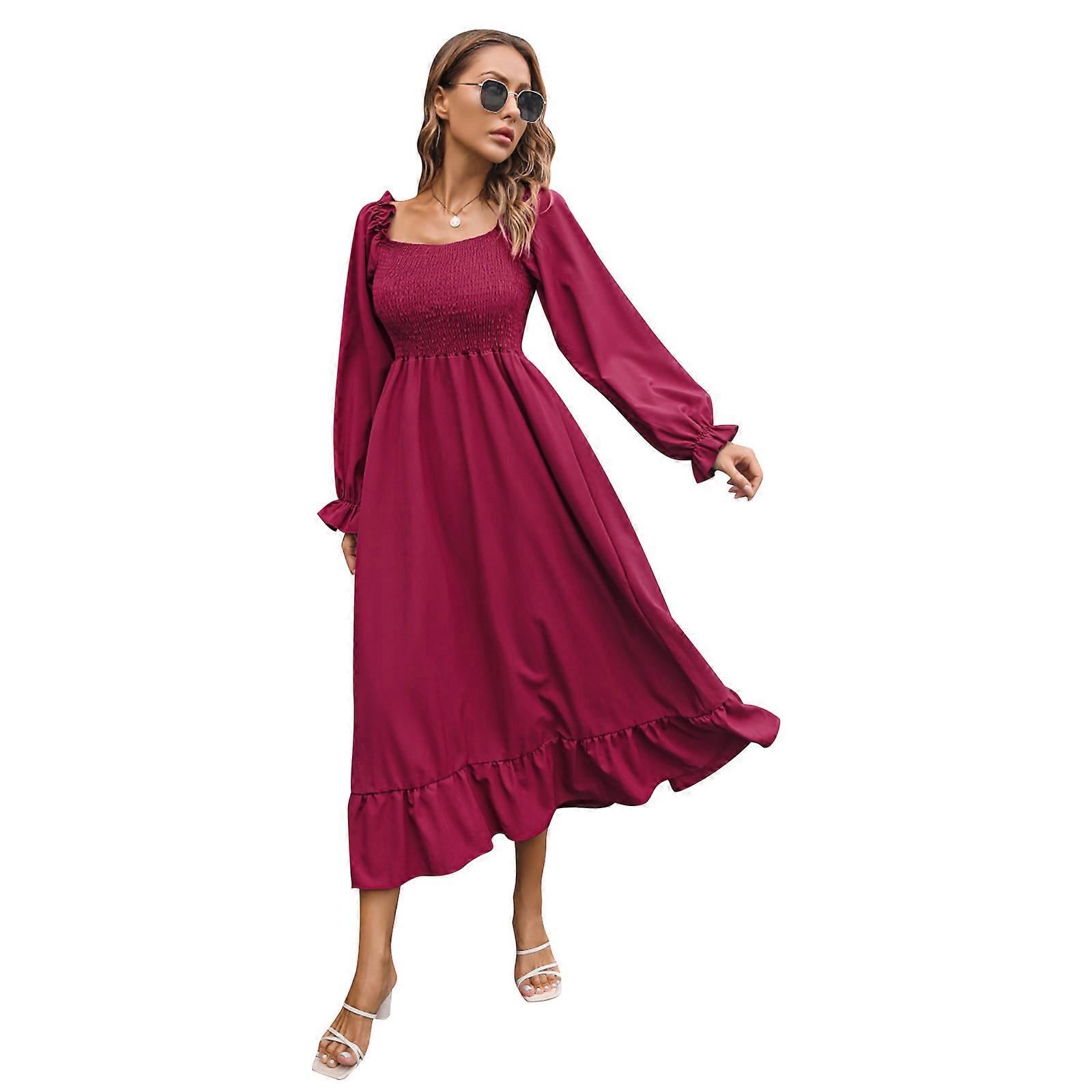 Womens Shirred Ruffled Flounce Long Sleeve Maxi Dress Square Neck Solid Color High Waist Flowy A-Line Smocked Dresses  Burgundy XL