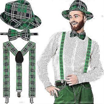 St. Patrick's Day 3-teiliges Set - Grün karierter Fedora-Hut mit Fliege und Hosenträgern für festliche Kostümaccessoires