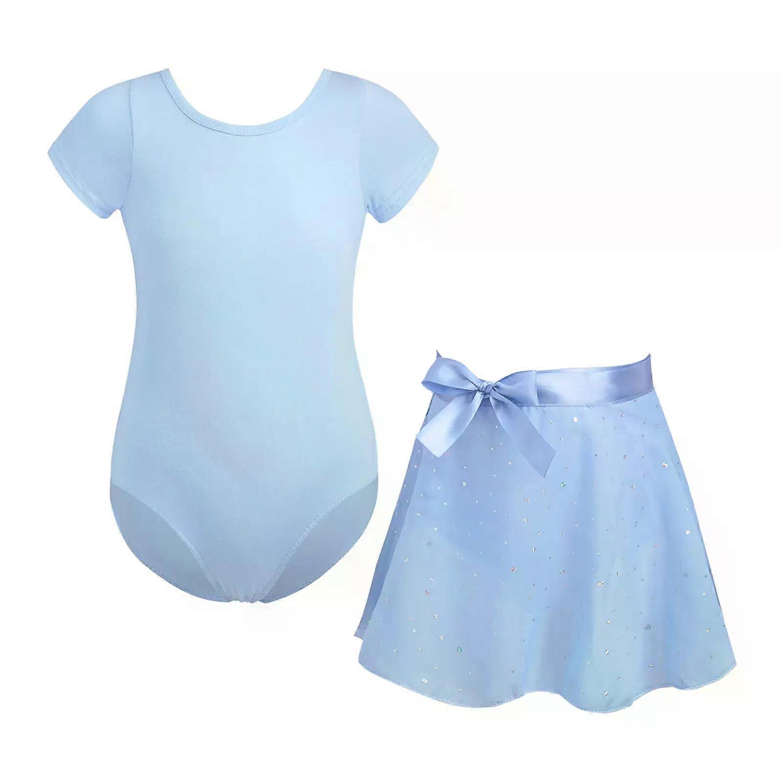 Kids Girls Ballet Dance Outfits Short Sleeve Cutout Cross Back Leotards with Wrap Skirt for Gymnastics Workout Yoga Practice
