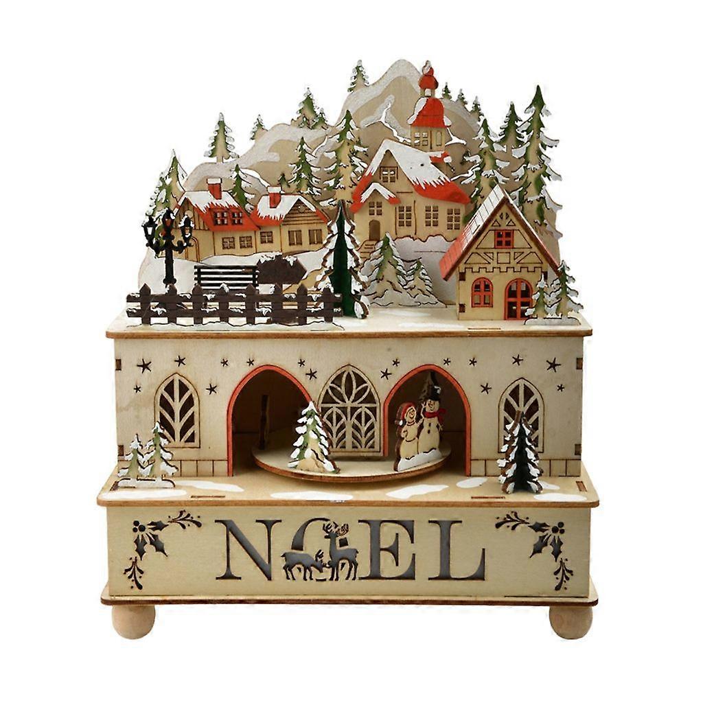 クリスマスビレッジハウスウッド回転オルゴールワインドアップLED照明飾り