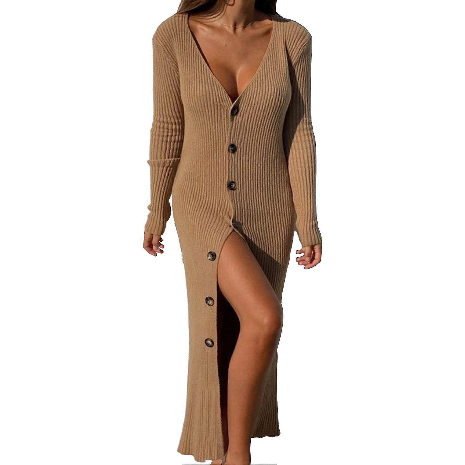 Button Down Maglione Monopetto con scollo a V manica lunga Abito in maglia a coste casual frontale per le donne