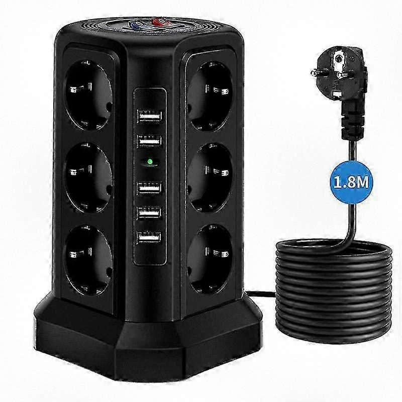 Extensão de soquete múltiplo de torre com 12 tomadas 5 portas USB 2500W 10A Proteção contra surtos 5M Cabo longo Interruptores duplos Segurança de sobrecarga