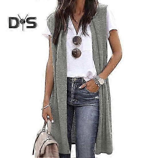 Kvinder lang vest åben søm Cardigan ærmeløs ensfarvet løs elastik blød åndbar afslappet mellemlængde damevestfrakke