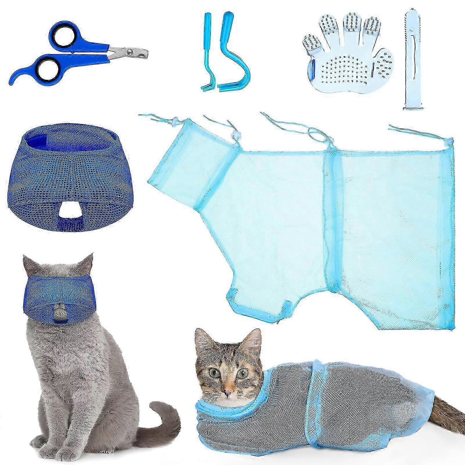 5 Pieces Cat Bathing Bag Set Cat Grooming Bag Adjustable Pet Shower Net Bag Cat Muzzles Anti-bite Anti-scratch Nail Clipper Tick Remover Tool Massage