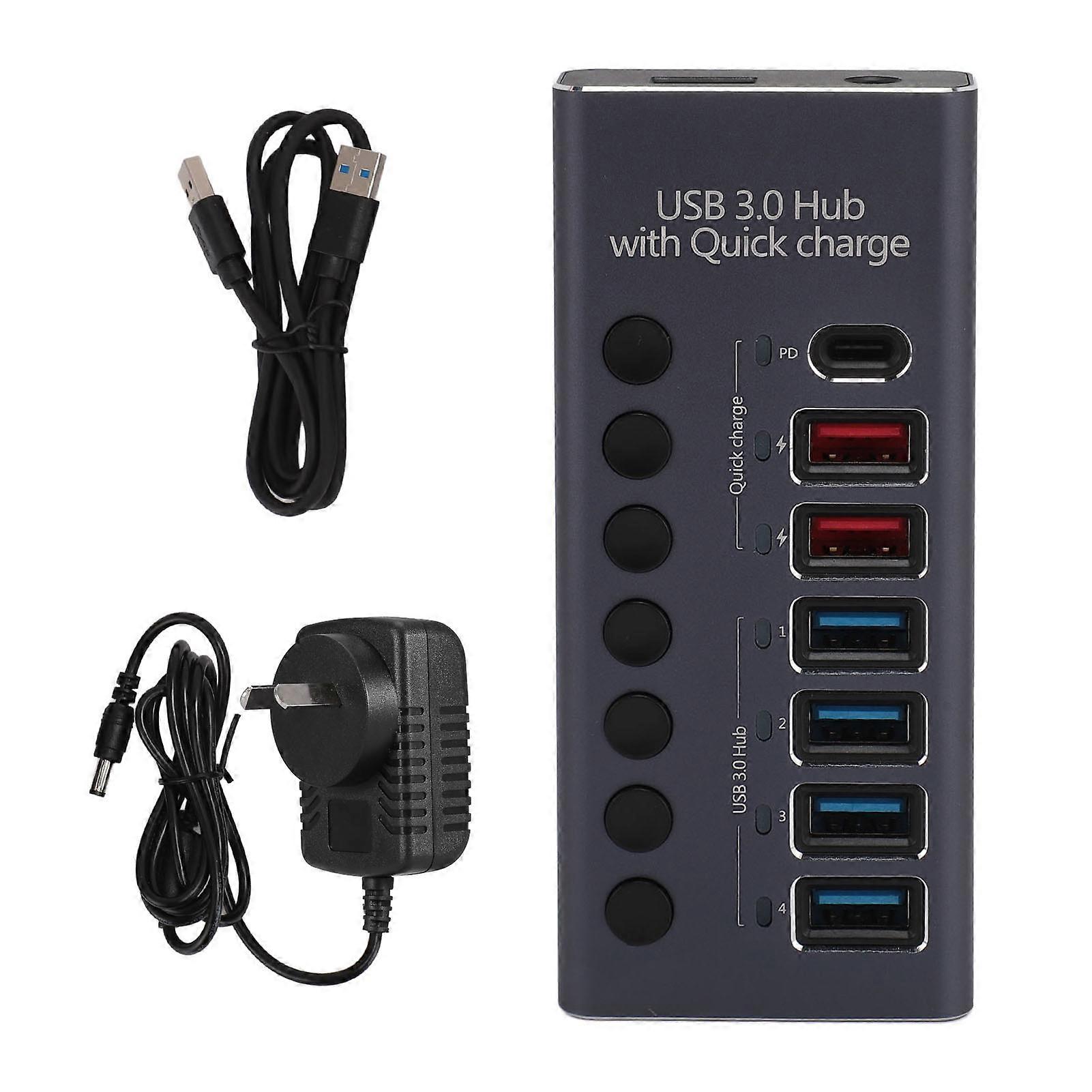 7 Ports Powered USB 3.0 Hub 4 High Speed Data Transfer Ports 3 Fast Charging Ports with Power Adapter and Individual Switches 100‑240V AU Plug