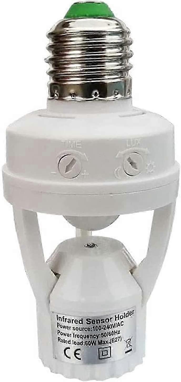 E27 base socket compatible with light bulbs featuring a PIR motion sensor, designed for indoor use with adjustable time and light settings