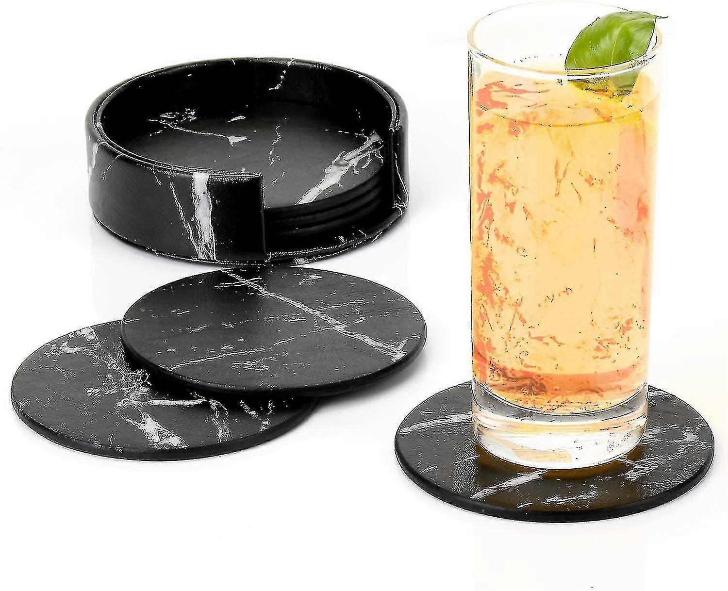 Leather Glass Coasters - 6pcs - Black