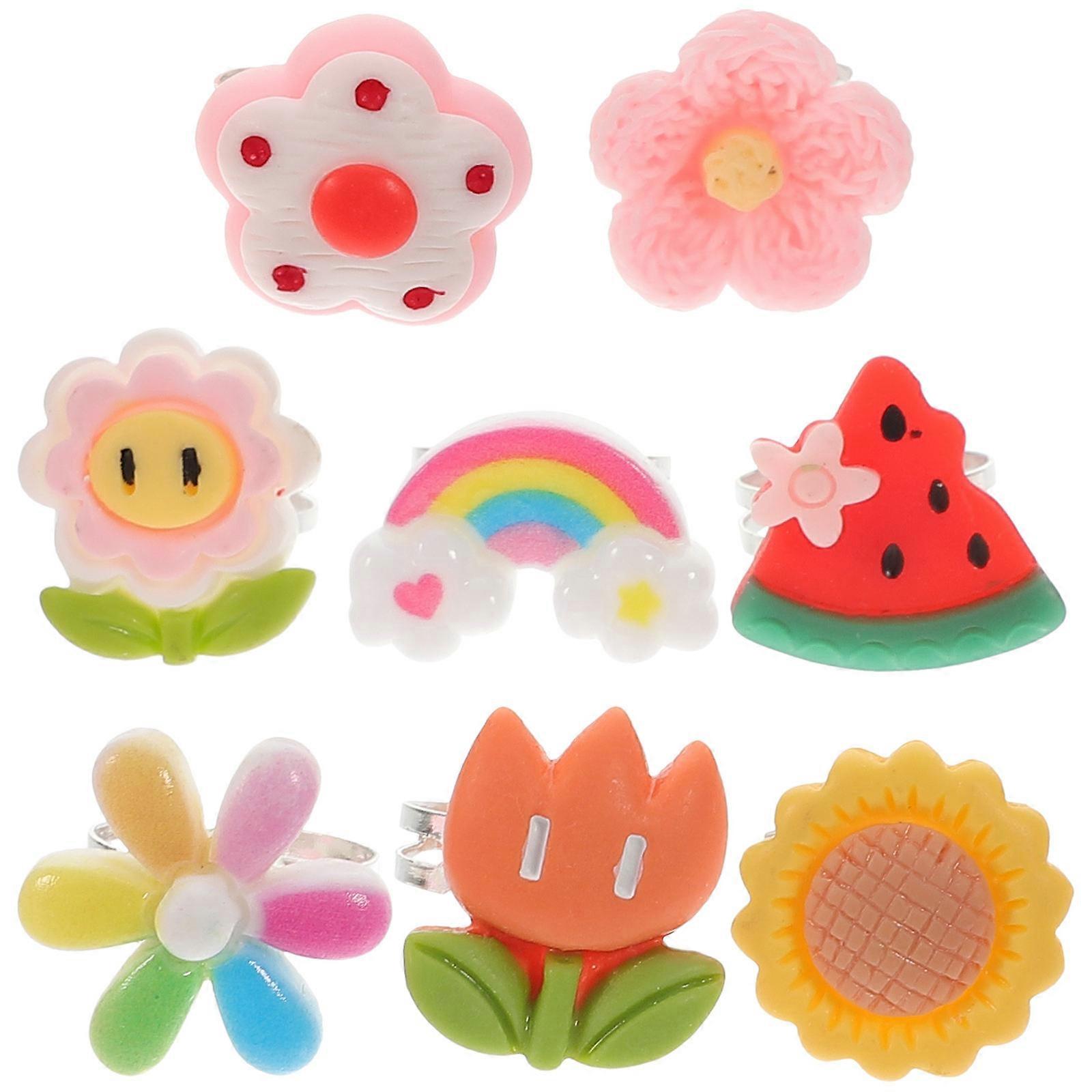 Rings For Child Girls Adjustable Rings Cartoon Decorative Rings Toddler Jewelry Assorted Color Circular Shape Nickel Free Tested Safe 8Pcs Box