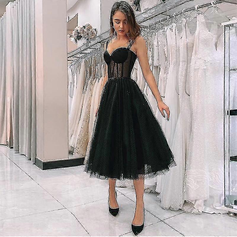 Spaghetti Strap Polka Dot Tulle Tea Length Abito formale