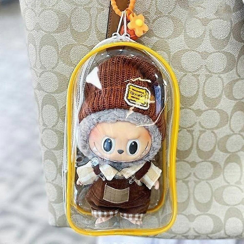 Clear PVC Bag with Keychain for Labubu Plush Toy Figurines Display Dustproof Portable Storage Bag