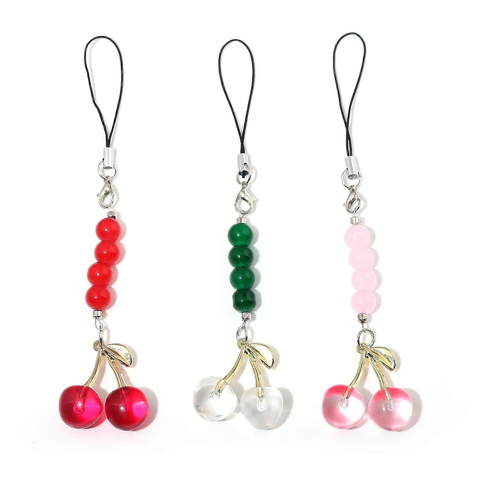 Pack of 3pcs Zinc Alloy Cherry Phone Lanyard Keyring Pendant with Detachable Resin Charm and Secure Clasp for Bag Key Multicolor