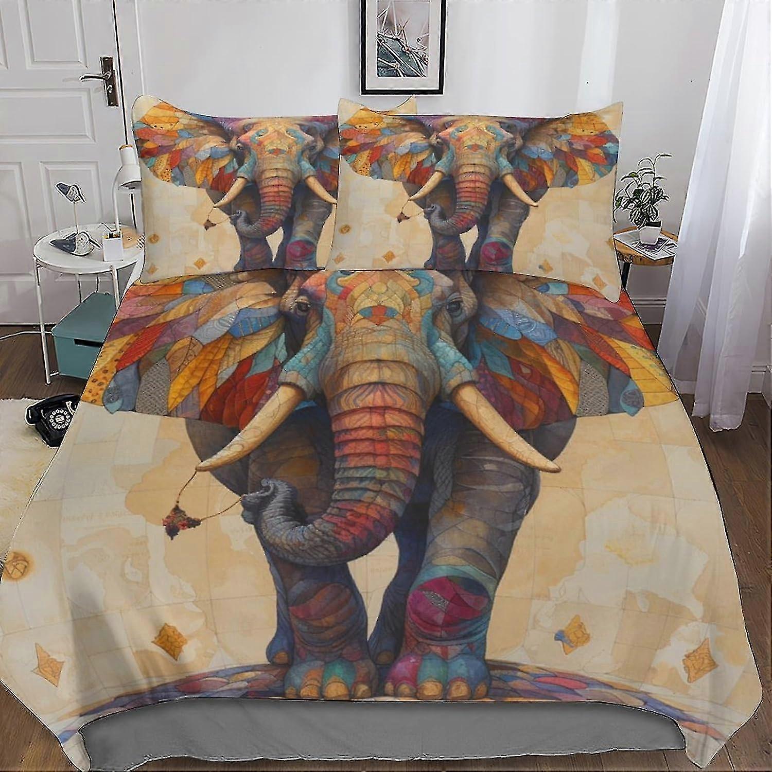 Colorful Elephant 3PC Duvet Cover Set 3D Print Animal Wildlife Bedding with Microfiber Hidden Zipper and Pillowcases for Kids