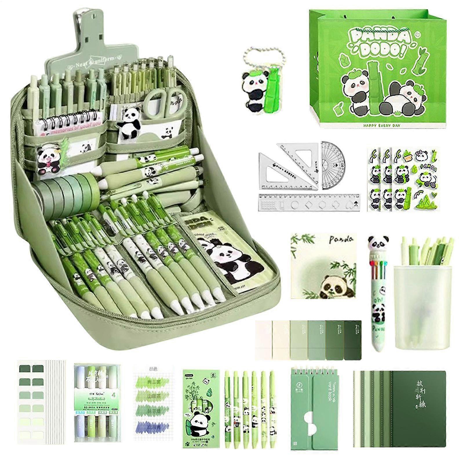 Panda Stationery Set, Green, Learning Kit With Multi-Piece Pencil Case, Notebook Accessories, 13.39 x 9.45 x 2.36