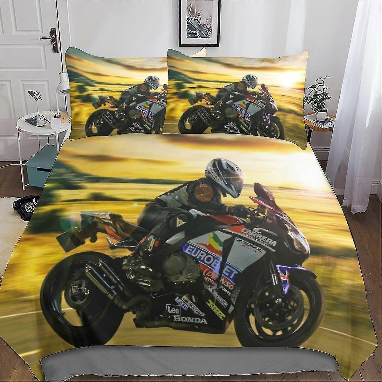 3D Motocross Effect Quilt Bedding Set, Extreme Sports Printed Duvet Cover Set Soft Microfiber with Pillowcase 3 Pieces for Children and Adul