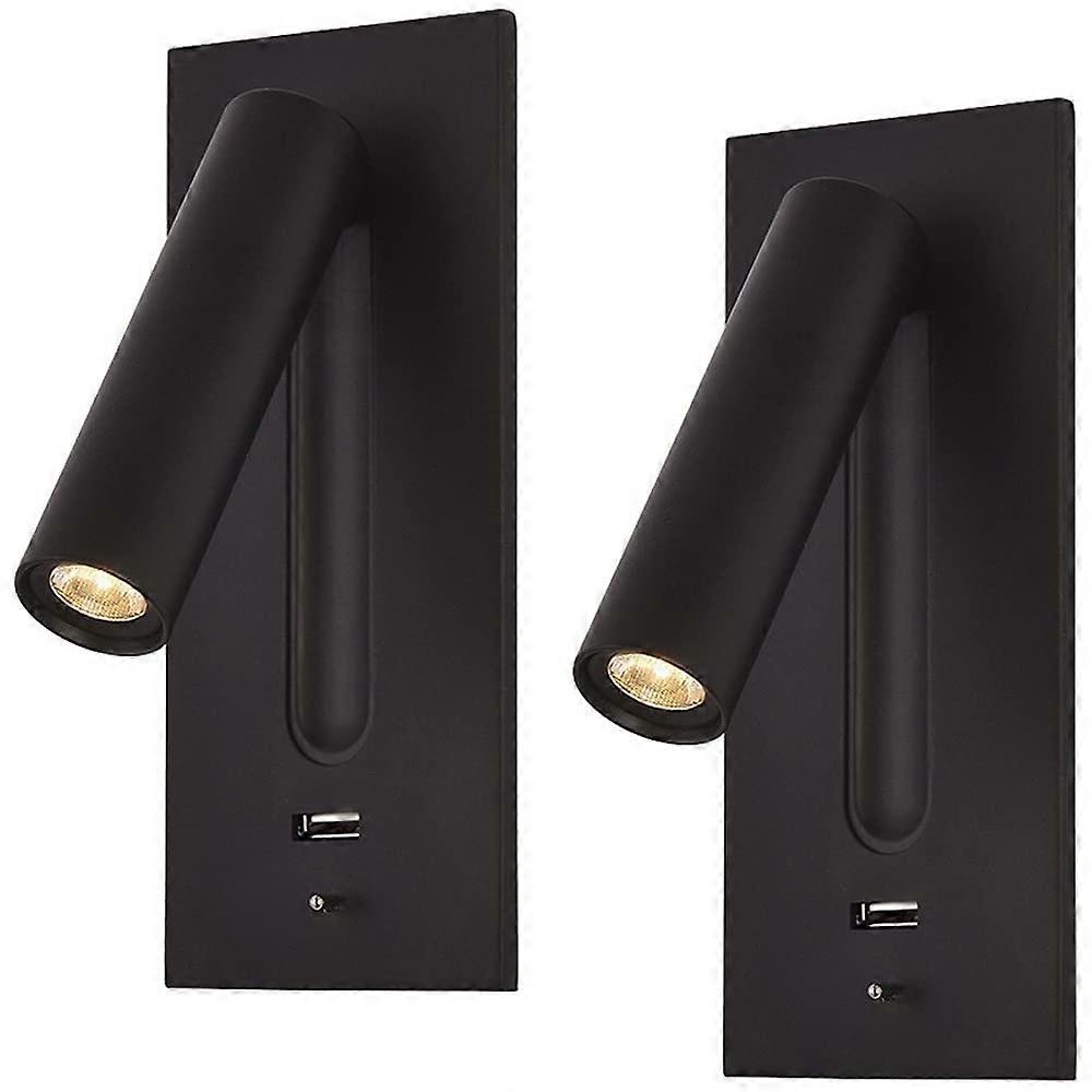 LED Wall Light Bedroom, Embedded Bedside Wall Lights with Switch and USB, Matte Black 2Pack
