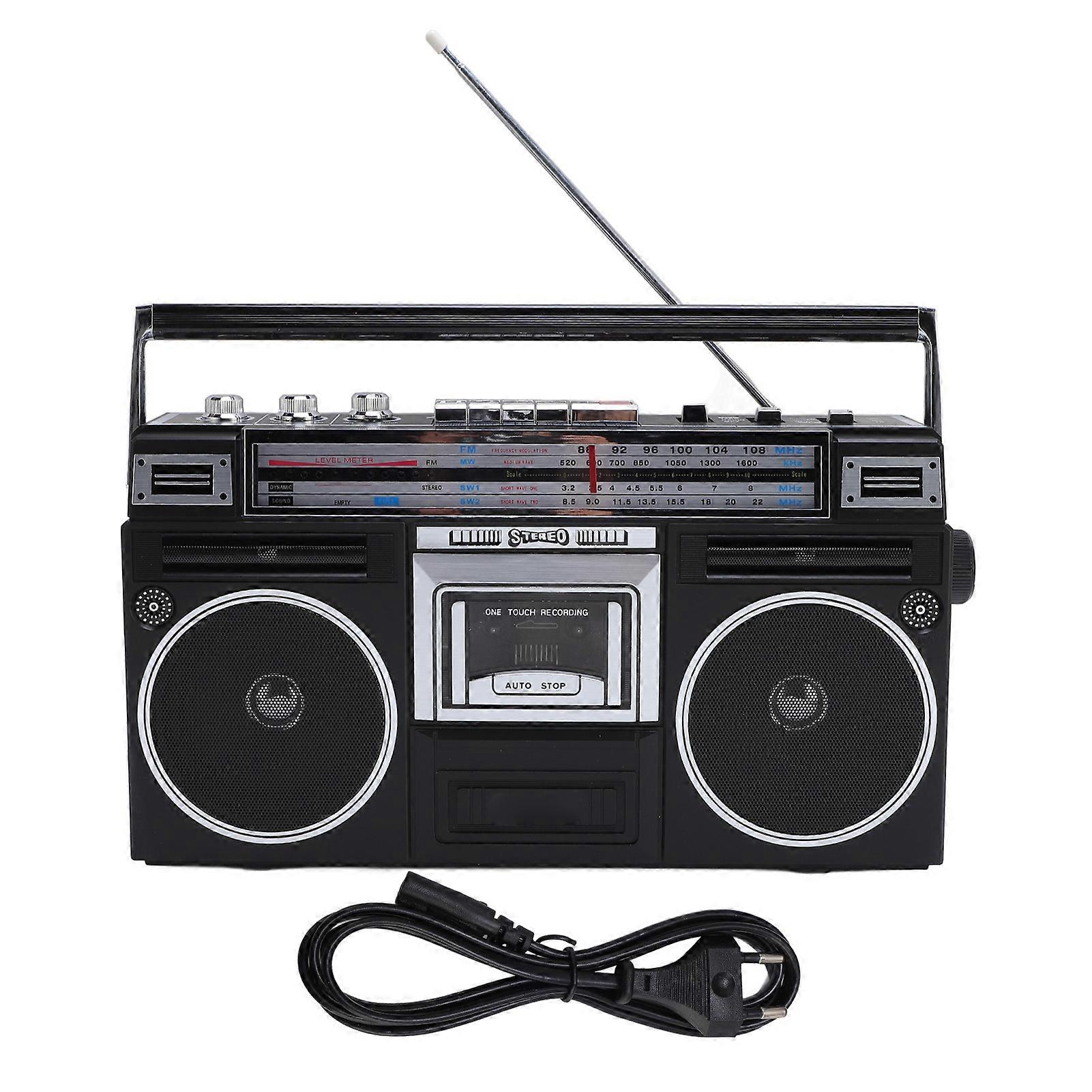 Black Portable Cassette Player with Bluetooth, FM MW SW Radio, USB to MP3 Converter, EU Plug