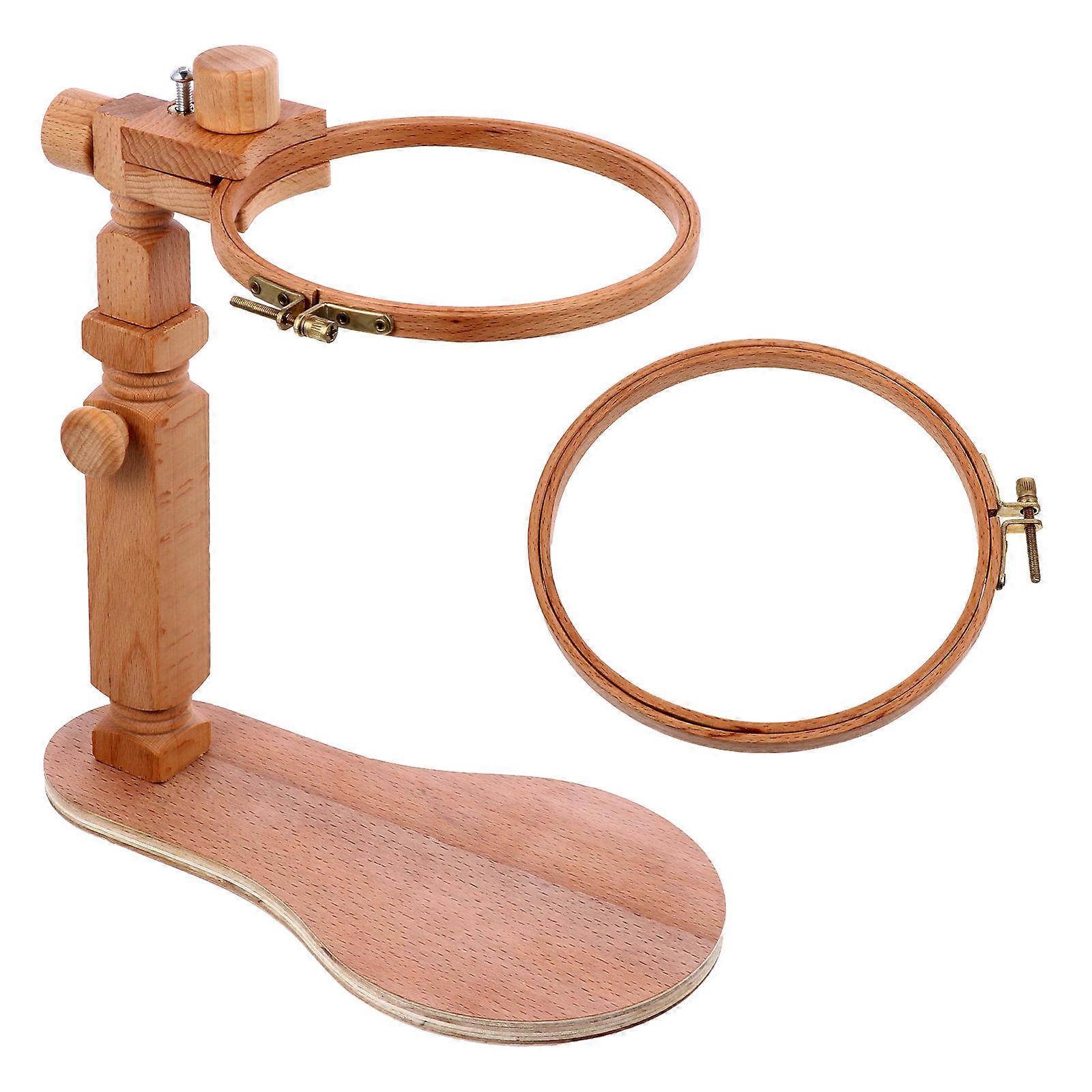 Embroidery Lap Stand Cross Stitch Frame Rack Portable Light Brown Wood 360 Rotation Adjustable Spacing 1 Set