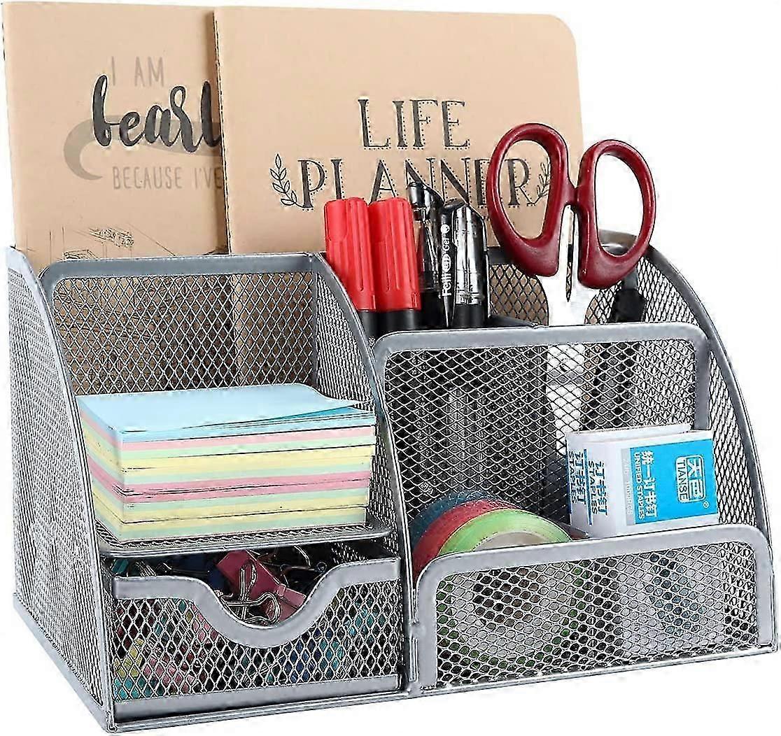 Office Mesh Desk Tidy versatile Stationery Storage Desktop Organizer Pen Holder con cassetto, argento
