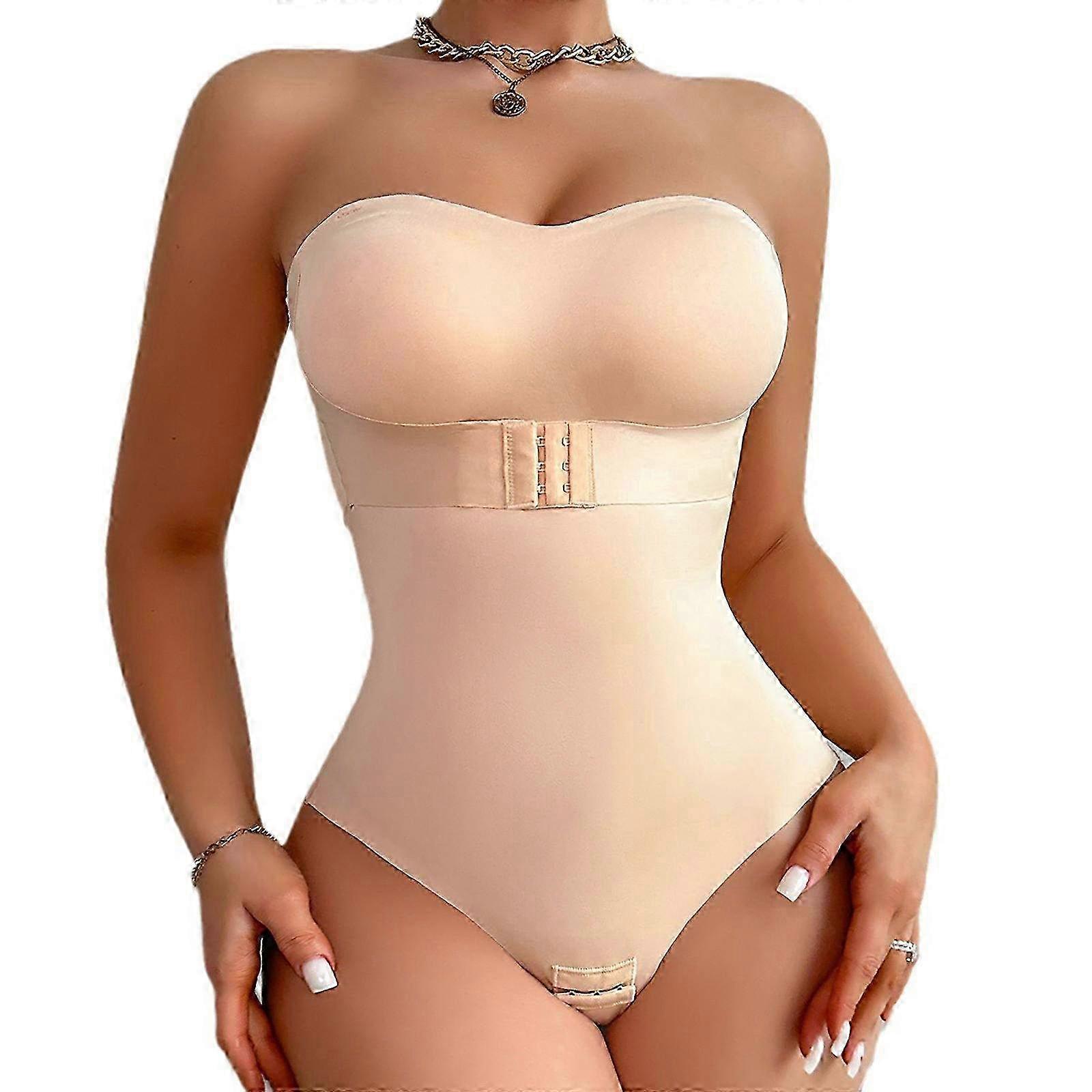Strapless Bodysuit with Built-in Bra for Women, Tummy Control & Push Up Shapewear, Seamless Thong Leotard Body Shaper in Apricot