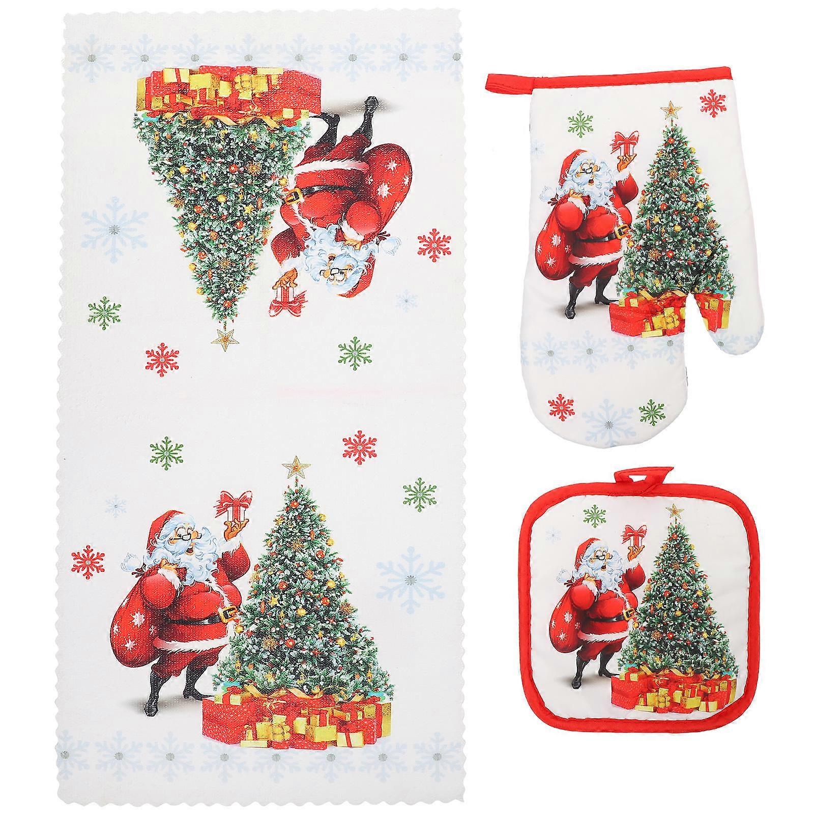 Thickened Design Heat-resistant Christmas Oven Mitts Kit for Cooking and Barbecue Suitable for Kitchen Tools with Assorted Color 1 Set