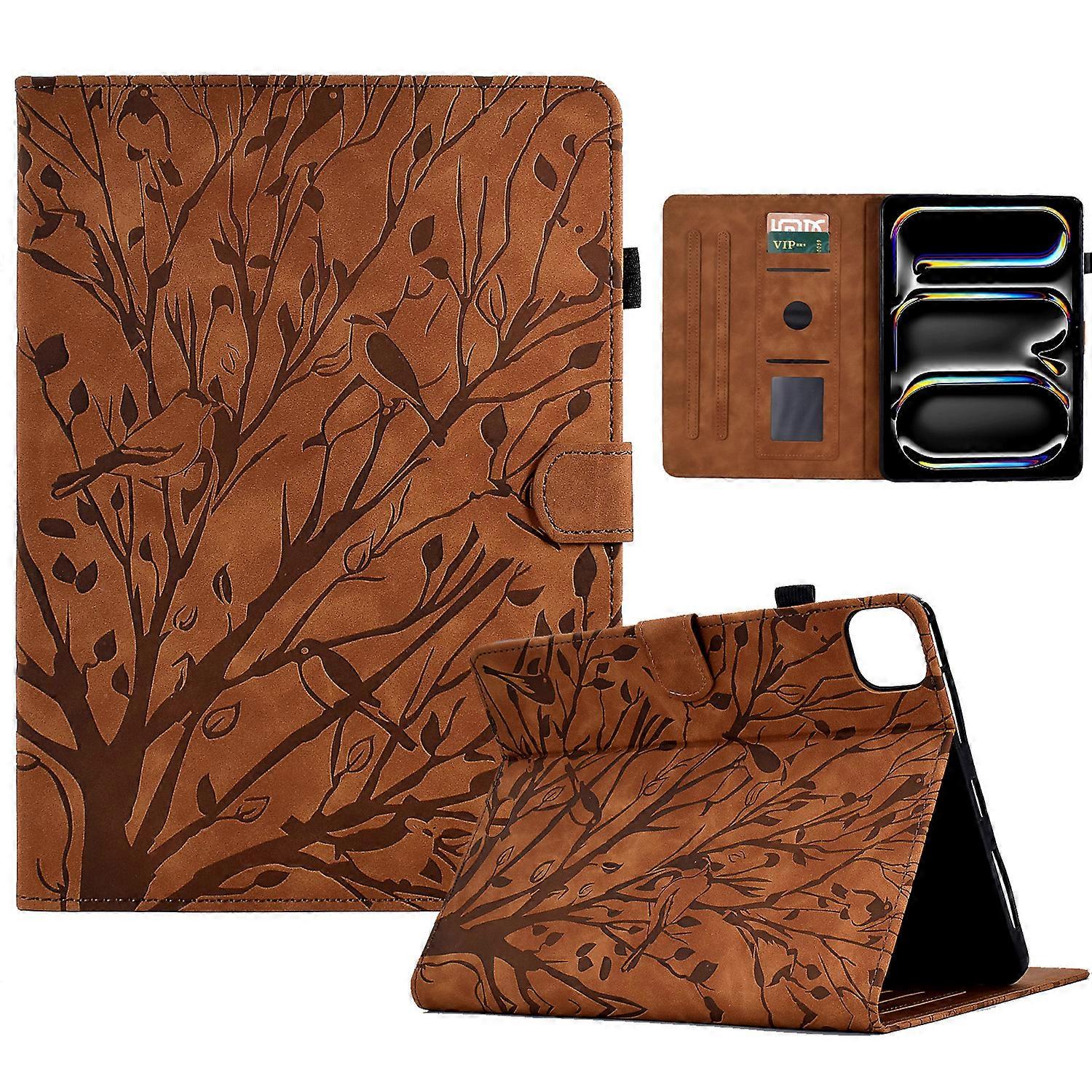 Para iPad Pro 11 (2024) Capa de Couro com Padrão de Árvore e Suporte Folio Capa para Tablet Inteligente Marrom