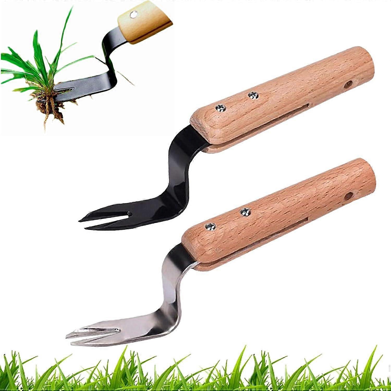 Weed Puller Garden Tool, Hand Weeder with Strong Leverage, Comfortable Wooden Handle, Silver and Black Garden Weeding Fork