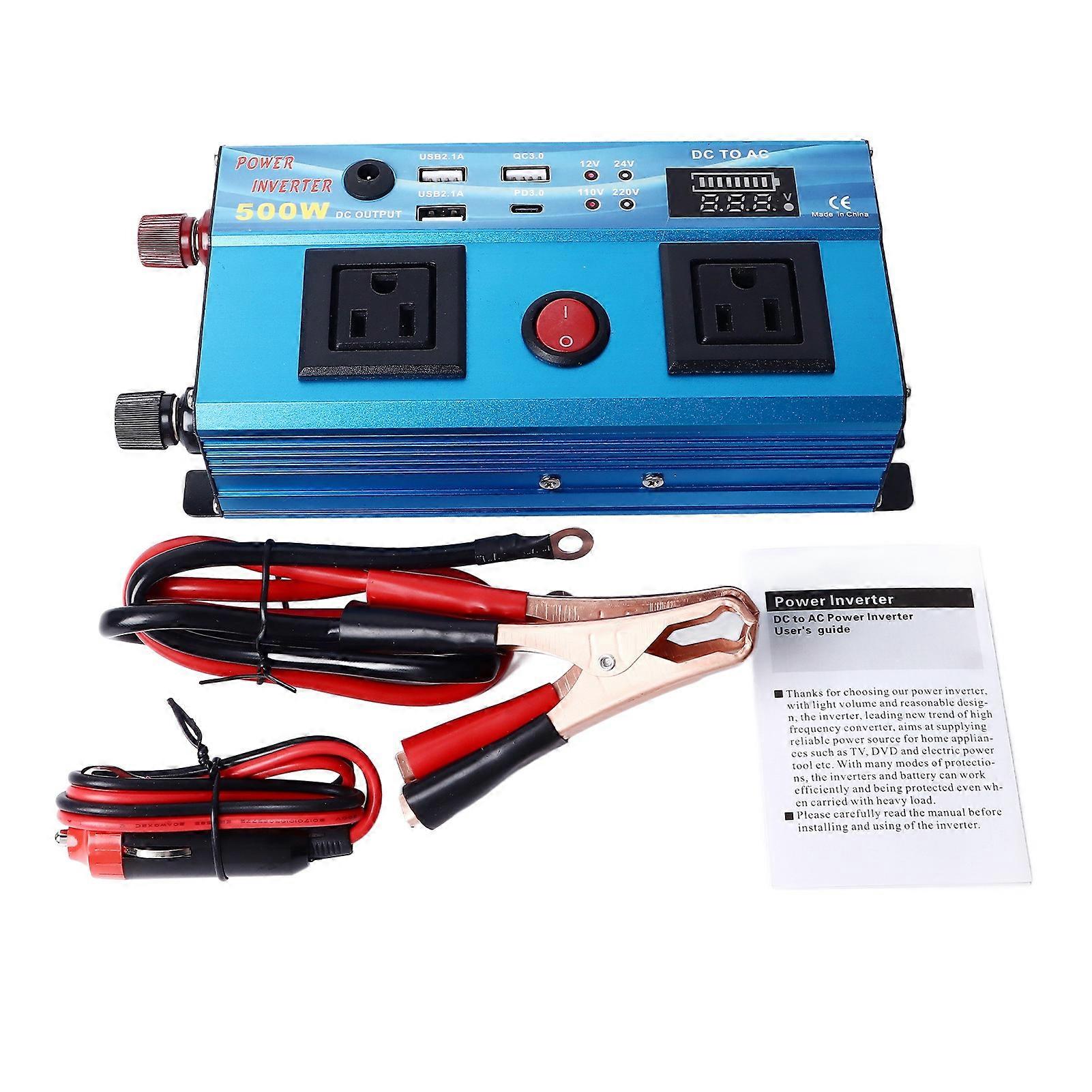 12V to 110V Car Inverter 500W with LED Display 3 USB Ports Type C Multiple Outputs for Outdoor Travel