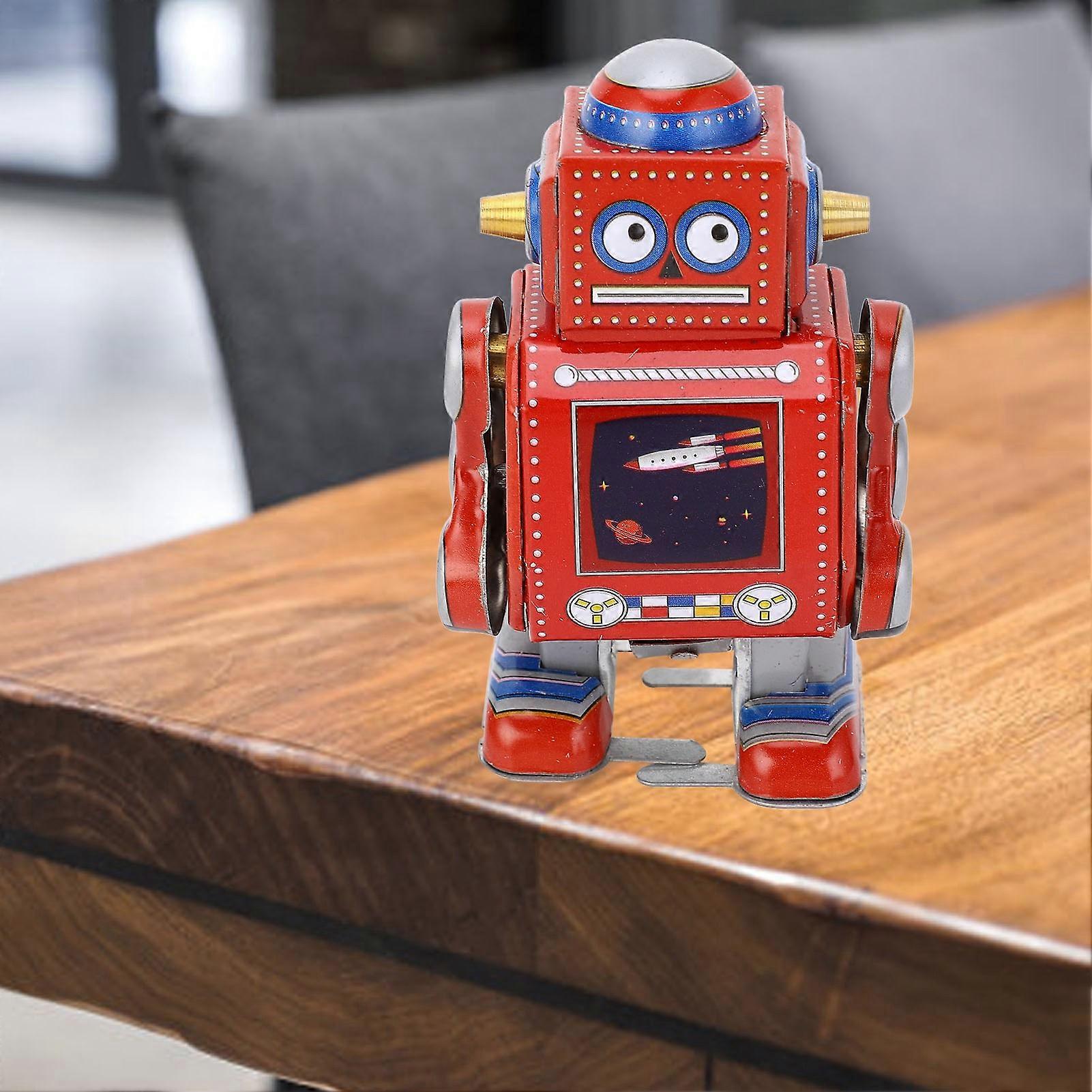 Handmade Vintage Red Iron Wind Up Robot Toy Decorative Clockwork