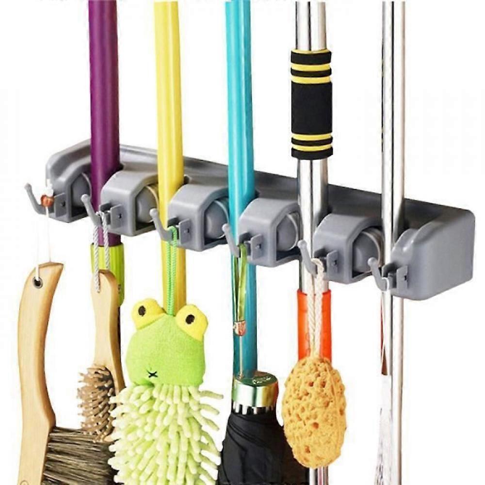 Wall-mounted broom stand, gray, 5 slots, internal storage, wall hook