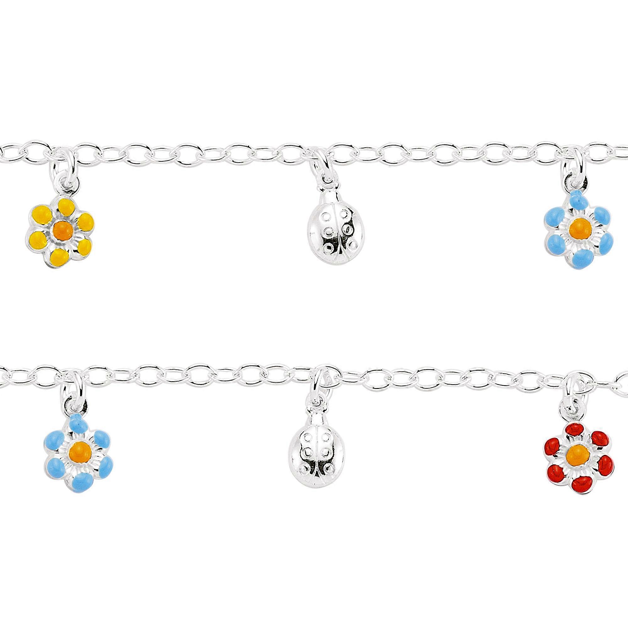 Jewelco London Girls Sterling Silver Blue Yellow Red Enamelled Daisy Ladybird Charm Bracelet 5.5-6.25 inches / 14-16cm
