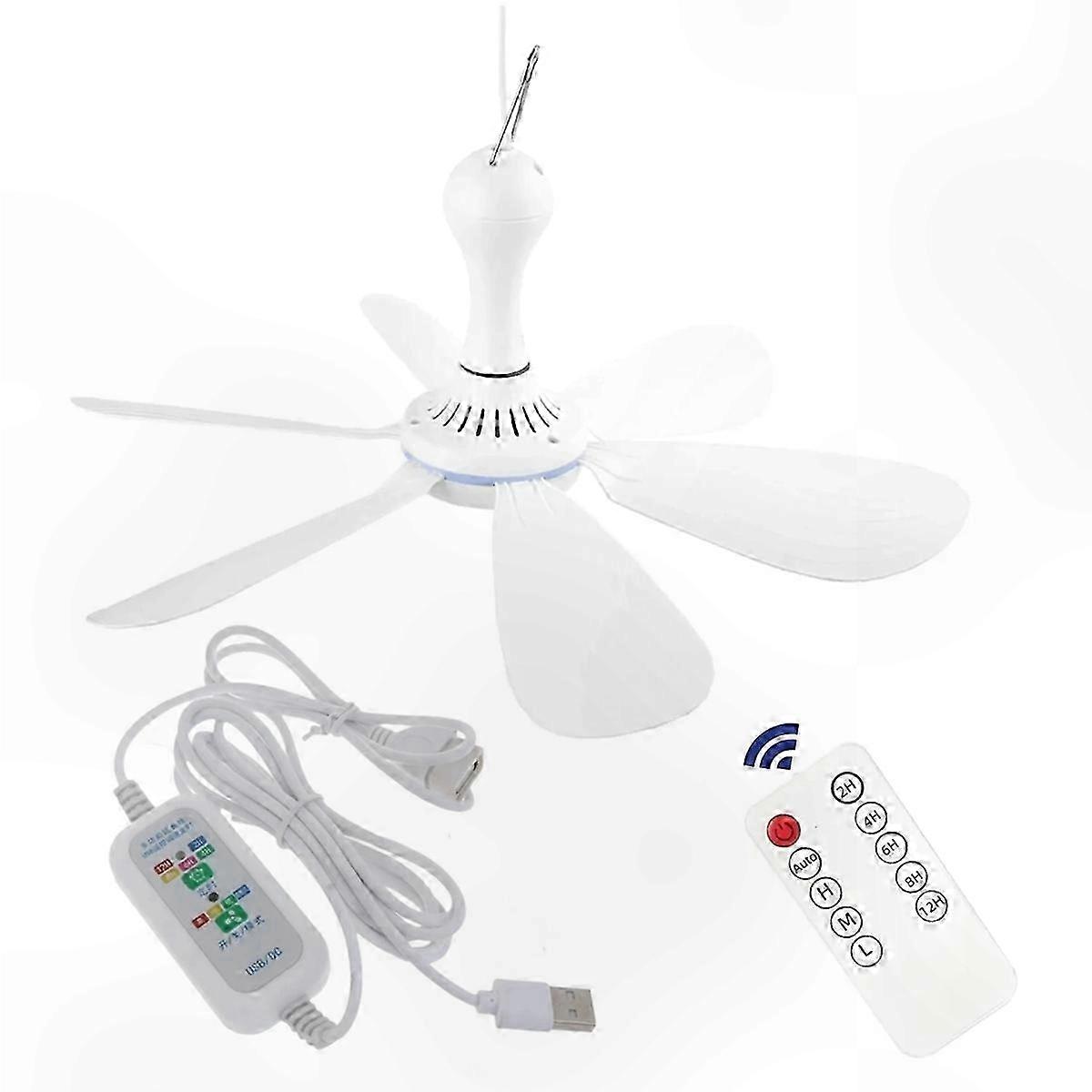 6-Blade Ceiling Fan, USB-Powered with Remote Control, 4 Speeds, Timer Feature, Quiet Operation, Easy Install and Hanging Solution