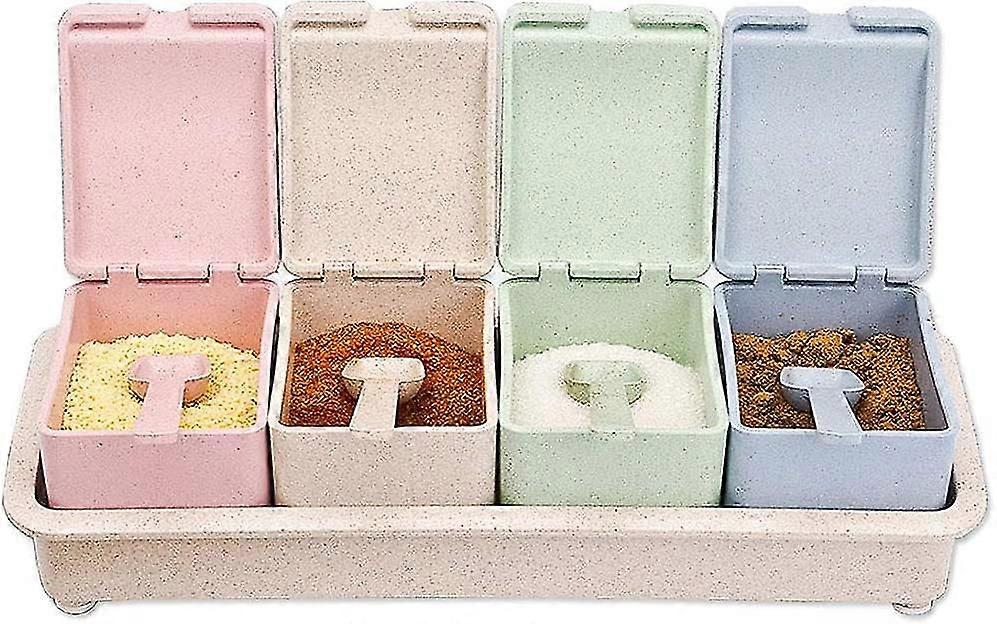 مربع التوابل ، مربع حاوية التوابل ، مربع التوابل التوابل الأواني مع غطاء وملعقة للمطبخ والمنزل (4 خلايا)